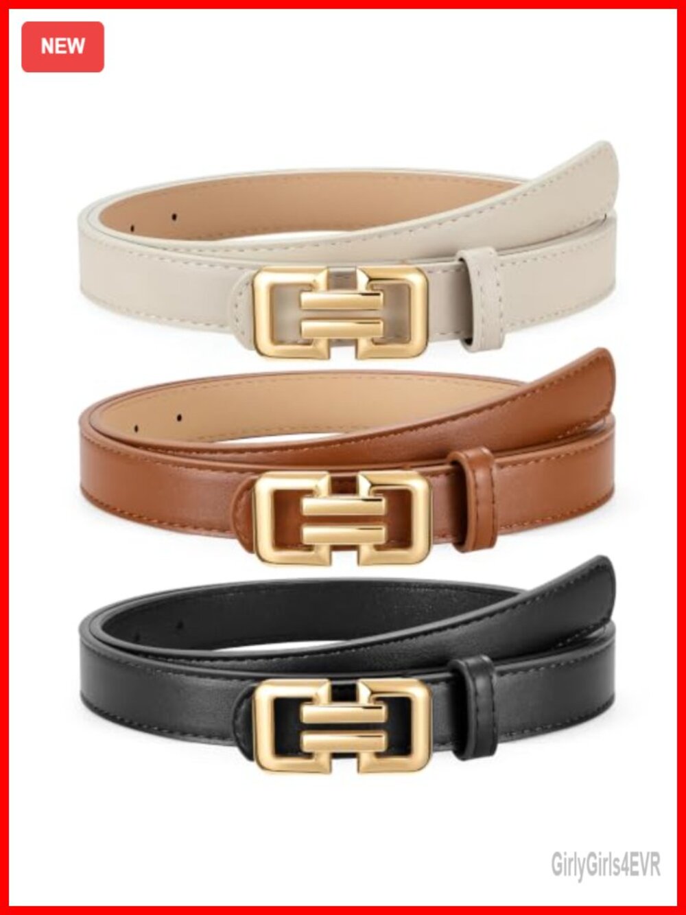 Women Faux Leather Belts 3 Pack Gold Square Buckle Jeans Pants Dresses